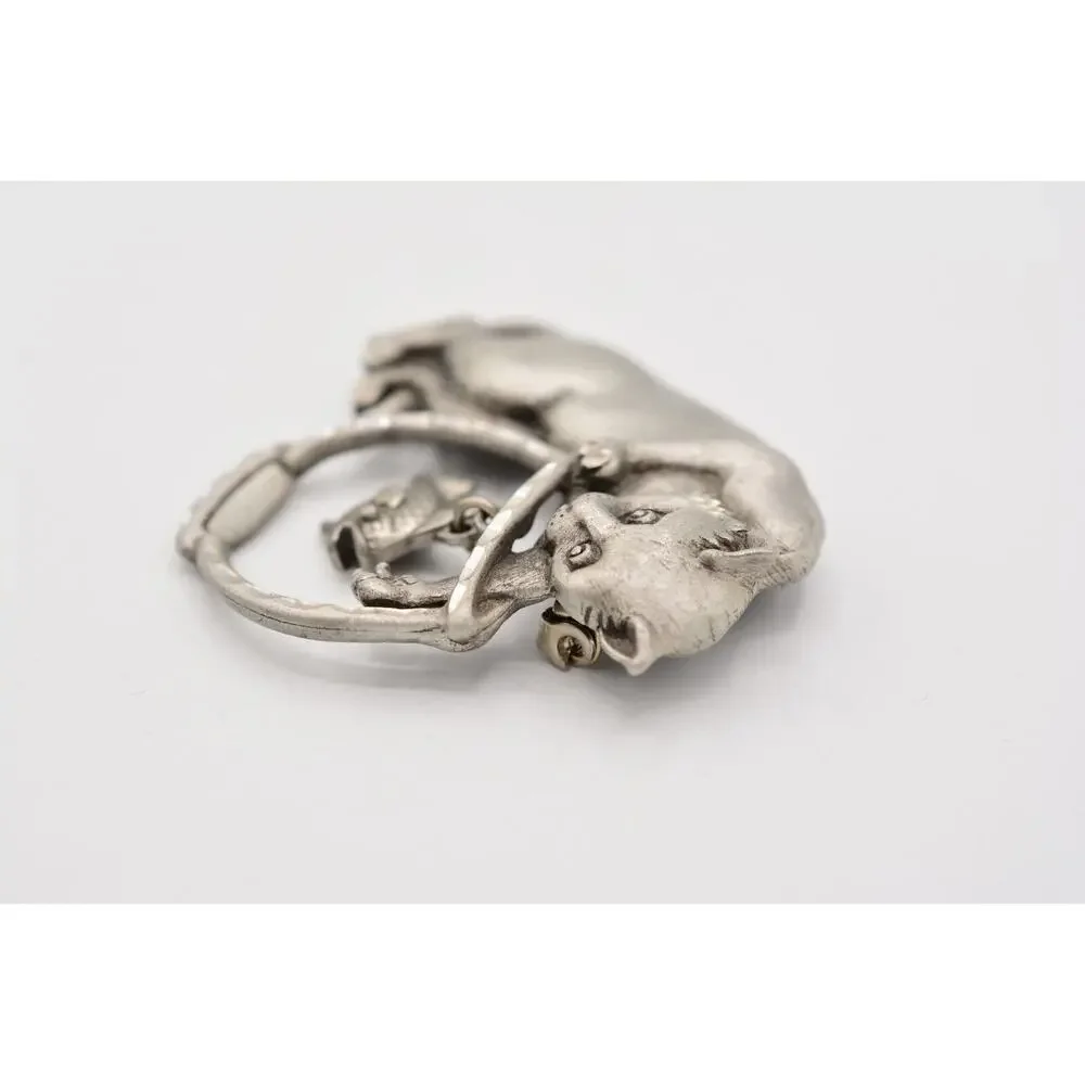 JJ Cat Pin Brooch Brushed Silver Pewter Fish Bowl Dangling Vintage Signed 80s 9B